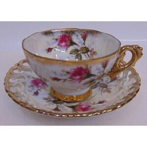 Royal Sealy China Teacup & Reticulated Saucer Pink Rose Gold Trim Vintage 6"